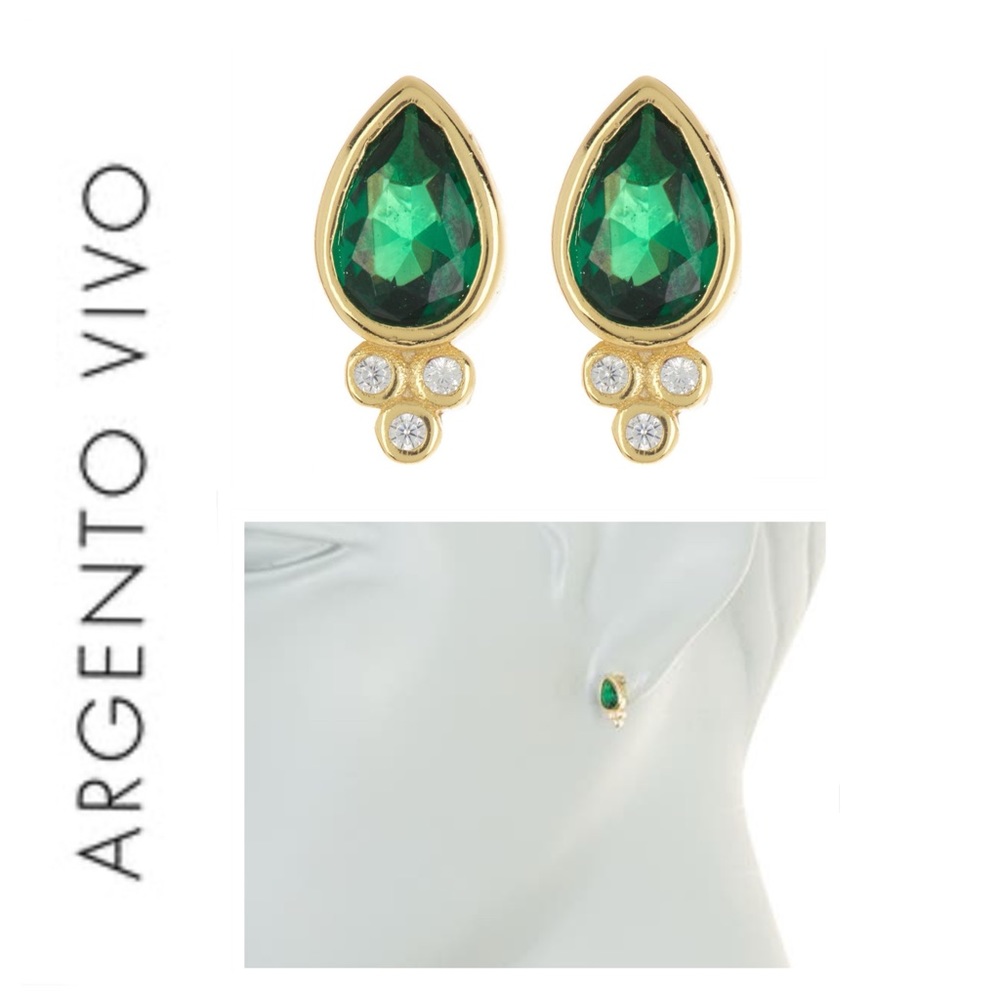 🐘 Argento Vivo 18K Gold Plated Emerald Diamond Stud Earrings